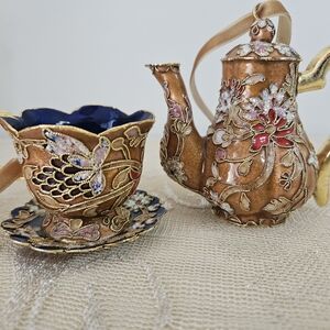 Vtg Cloissone Gold and Blue Tea Set Ornaments